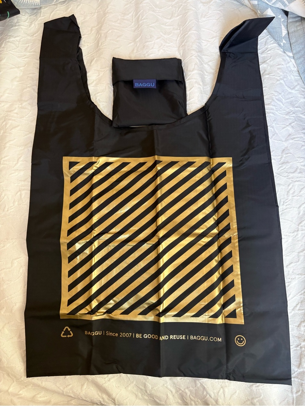 BAGGU Black Tote with Gold Diagonal Square Print